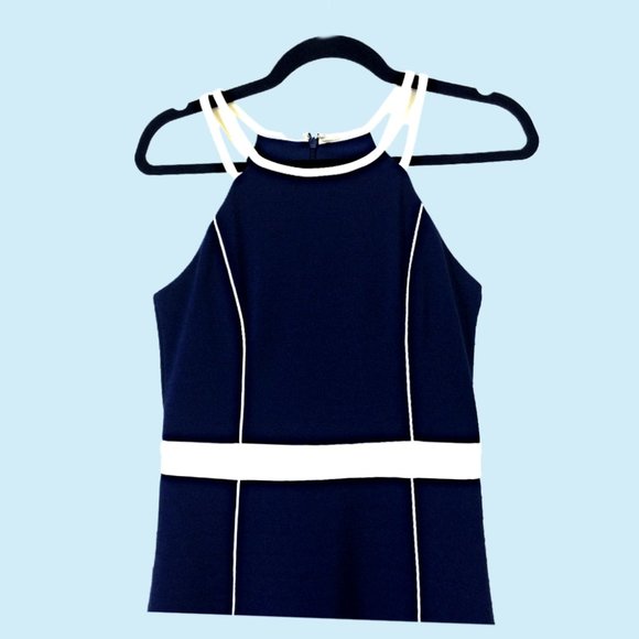 GUESS Halter Color Block Sheath Navy Dress with white piping Size 4 - Picture 2 of 3